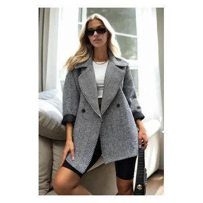 50406 Dewberry Herringbone Oversize Women Coat-BLACK-WHITE