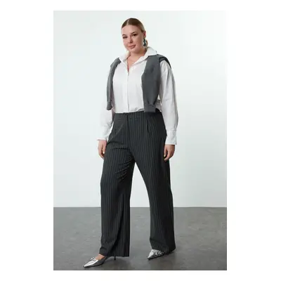 Trendyol Curve Anthracite-White Striped Woven Plus Size Fabric Trousers