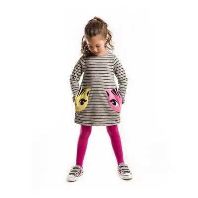 Denokids Gray Twin Cat Pocket Long Sleeve Striped Girl's Dress