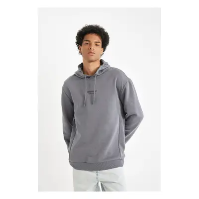 DEFACTO Gray Relax Fit Hooded Printed Sweatshirt