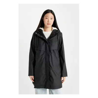 DEFACTO Waterproof Regular Fit Hooded Faux Für Lined Faux Leather Raincoat