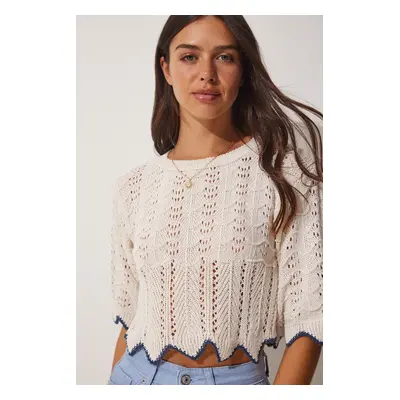 Happiness İstanbul Women's Blue Cream Striped Openwork Knitwear Blouse