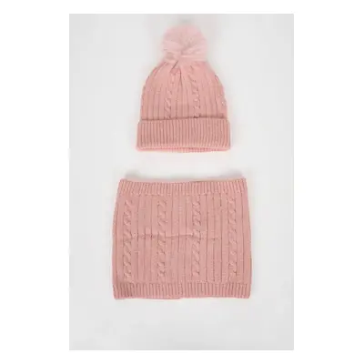 DEFACTO Girl's Combed Cotton Neck Collar Pompom Beanie 2-Piece Set