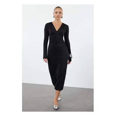 Trendyol Black V-Neck Smocking/Drape Detailed Fitted Midi Knitted Dress