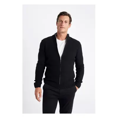 DEFACTO Black Standard Fit Regular Cut Half Turtleneck Zippered Knitwear Cardigan