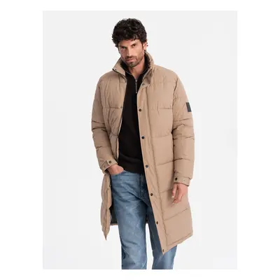 Ombre Men's quilted long jacket with detachable hood - beige