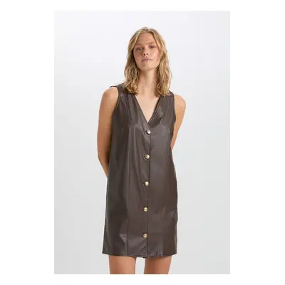 DEFACTO A-Line V-Neck Basic Plain Button Faux Leather Sleeveless Mini Dress