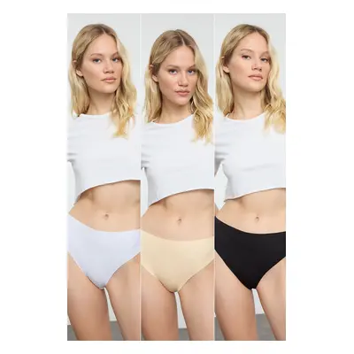 Trendyol Black-White-Skin 3-Pack Micro Laser Cut Brazilian Knitted Panties