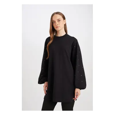 DEFACTO Regular Fit Crew Neck Balloon Sleeve Stoned Long Sleeve Sweatshirt Tunic