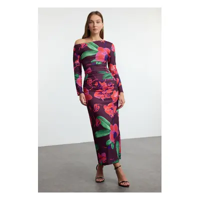 Trendyol Multicolored Floral Fitted Gather/Drape Detail Maxi Knit Dress