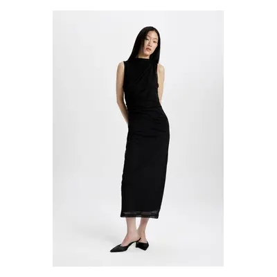 DEFACTO Bodycon Bodycon Half Turtleneck Basic Plain Tulle Sleeveless Maxi Black Dress