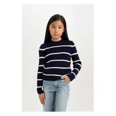 DEFACTO Girl Navy Blue Striped Fitted Crew Neck Knitwear Sweater