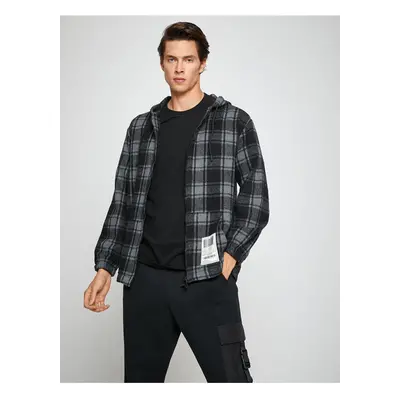 Koton Plaid Hooded Sweatshirt Pocket Detail Zipper Label Printed