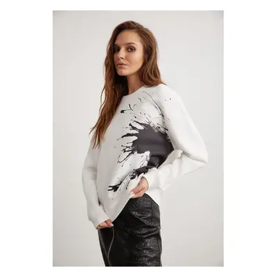 GRIMELANGE Ibbie Women's Fleece Soft Piece Printed Crew Neck White Sweatshirt