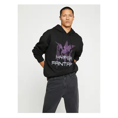 Koton Hooded Oversize Sweatshirt Raised Butterfly Printed Bat Sleeve