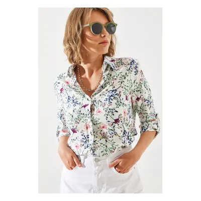 Bianco Lucci Women's Sleeve Folded Floral Patterned Shirt