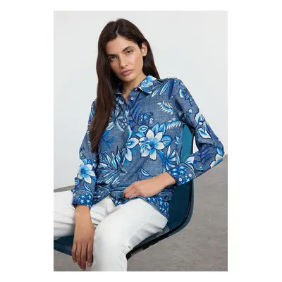 Trendyol Blue Floral Patterned Oversize Wide Pattern Shirt