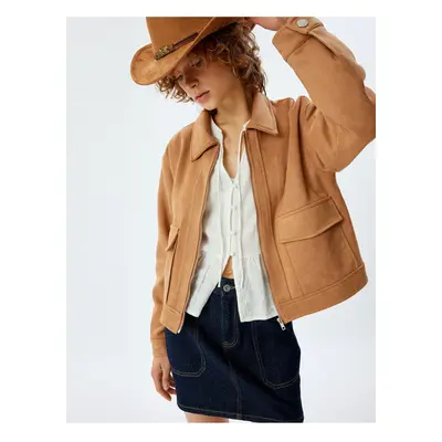 Koton Suede Look Jacket Pocket Detail Zippered Classic Collar