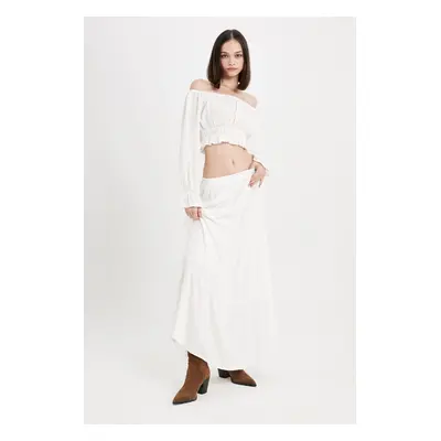 DEFACTO A-Line High Waist Cotton Lined Crinkle Viscose Kilos Maxi White Skirt