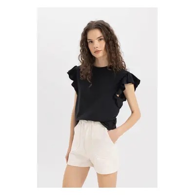 DEFACTO 100% Cotton Regular Cut Crew Neck Ruffle Detail Short Sleeve T-Shirt