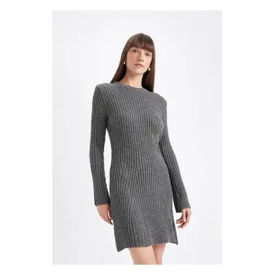 DEFACTO A Cut Crew Neck Long Sleeve Mini Knit Dress