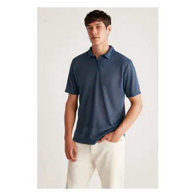 GRIMELANGE Toby Men's Polo Linen Look Tiril Tiril Fabric Navy Blue Polo Collar T-shirt