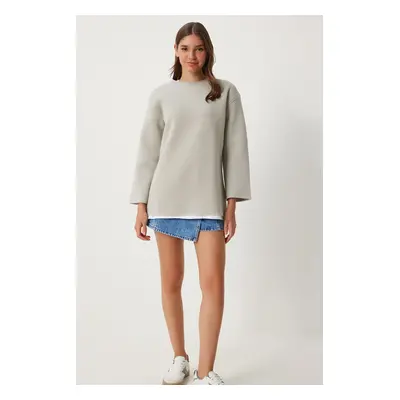 Happiness İstanbul Women's Stone Grey Raised Oversize Knitted Sweatshirt