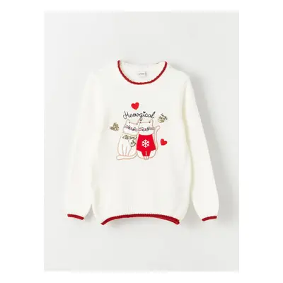 LC Waikiki Lcw Crew Neck Embroidered Long Sleeve Girl's Knitwear Sweater