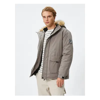 Koton Puffer Jacket Stand Collar Zipper Label Printed Pocket Detailed