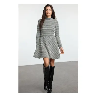 Trendyol Black Tweed Crew Neck Skater/Waist Open Flounce Mini Knit Dress