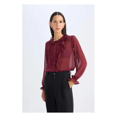 DEFACTO Regular Fit Crew Neck Ruffle Chiffon Long Sleeve Blouse