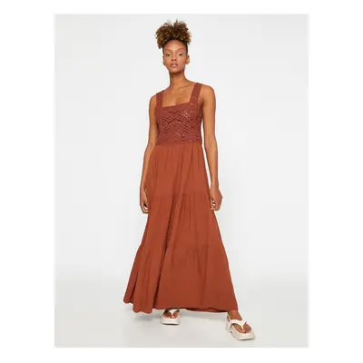 Koton Long Dress with Crochet Detailed Straps, Square Collar