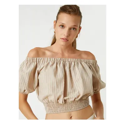 Koton Off Shoulder Crop Blouse with Elastic Waist Linen Blend