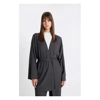 DEFACTO Relax Fit Shawl Collar Belted Crepe Kimono