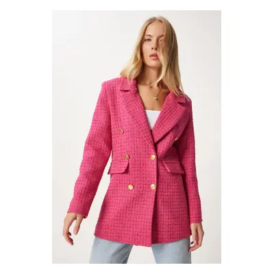 Happiness İstanbul Women's Dark Pink Buttoned Blazer Tweed Jacket