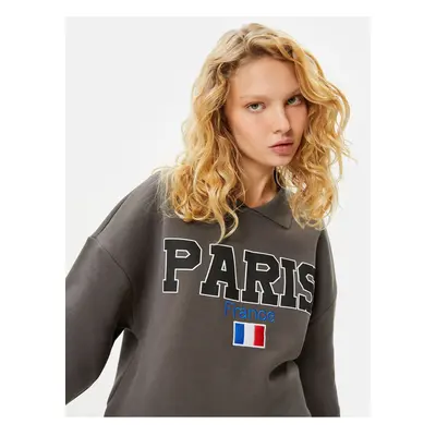 Koton Shirt Collar Sweatshirt Paris Printed Embroidered Long Sleeve Cotton