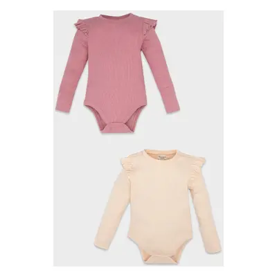 DEFACTO Baby Girl Newborn Beige Buttoned Crew Neck Ribbed 2-Piece Long Sleeve Snap Bodysuit