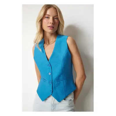 Happiness İstanbul Women's Blue V-Neck Elegant Ayrobin Vest