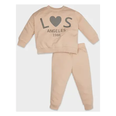 DEFACTO Baby Girl 2-Piece Set Printed Crew Neck Sweatshirt Top Elastic Waist Tracksuit Bottoms