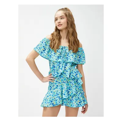 Koton Floral Jumpsuit With Off-the-Shoulder Frilly Tie Detail