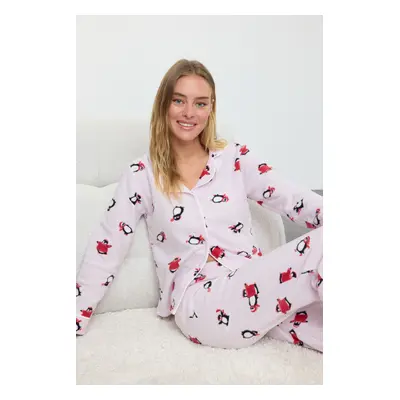 Trendyol Pink Penguin Patterned Piping Detailed Polar Winter Knitted Pajama Set