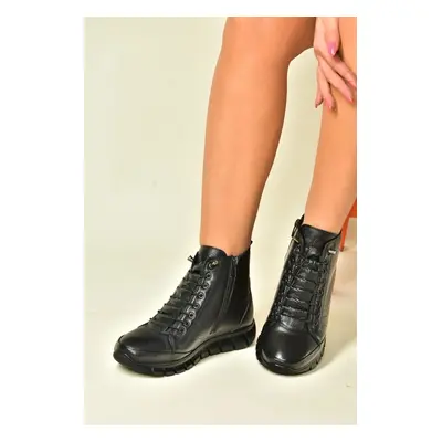 Fox Shoes Black Genuine Leather Comfort Orthopedic Sole Women's Boots