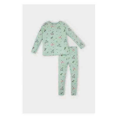 DEFACTO Baby Girl Pajama Set Animal Patterned Ribbed Camisole Long Sleeve Top Long Bottom