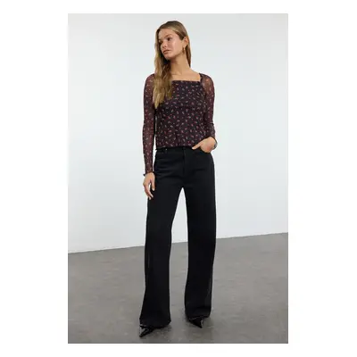 Trendyol Black Cherry Printed and Bow Detailed Square Neck Knitted Blouse