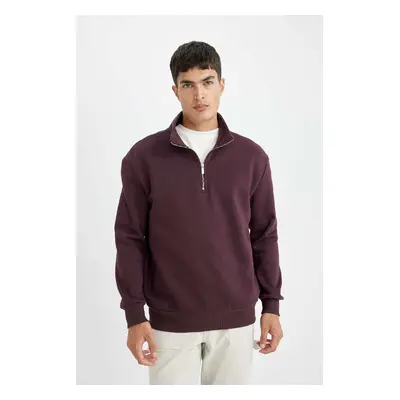 DEFACTO Dark Burgundy Comfort Regular Fit Casual Pattern Stand Collar Zippered Thick Basic Plain