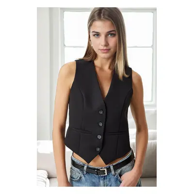 10202 Dewberry Crop Woven Women Vest-BLACK