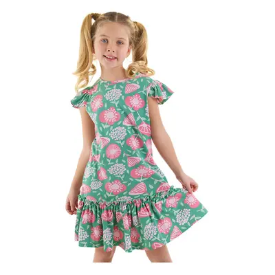 Denokids Pink Floral Girl's Green Ruffle Summer Dress