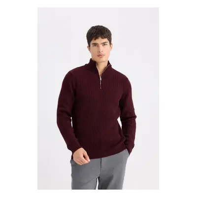 DEFACTO Standard Fit Regular Cut Bato Collar Zippered Basic Plain Knitwear Sweater