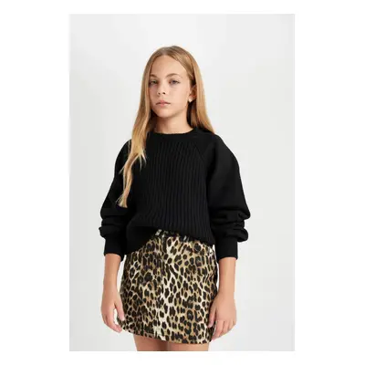 DEFACTO Girl Black Standard Fit Crew Neck Knitted Patterned Knitwear Sweater