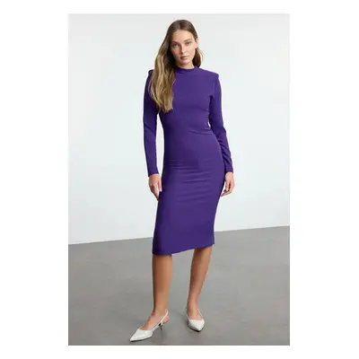 Trendyol Purple Padded Shoulder Detailed Stand Collar Fitted/Fits Body Midi Woven Dress